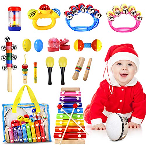 Kids Musical Instruments, ShinePick Musical Instruments Toys Set for Toddler, 20Pcs Wooden Percussion Instruments Tambourine Maracas Harmonica for Boys & Girls with Carry Bag