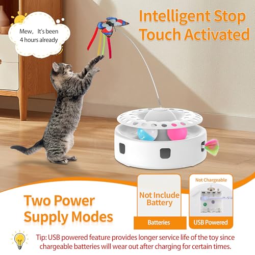 Soarer Cat Toys 3-in-1 Automatic Interactive Kitten Toy, equipped with 4 replaceable accessories, touch rolling ball, dual power mode, suitable for indoor cats and adult cats