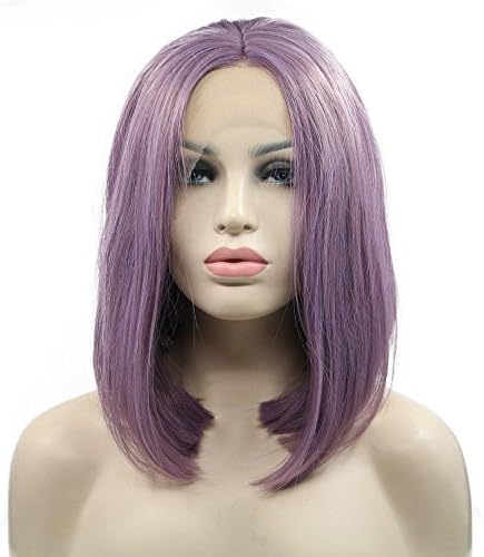 Short Bob Wigs Natural Straight Hair Middle Part Mixed Lavender Violet Purple Color High Temperature Synthetic Lace Front Wigs Cosplay Wedding Holidays Summer Wigs 14inches