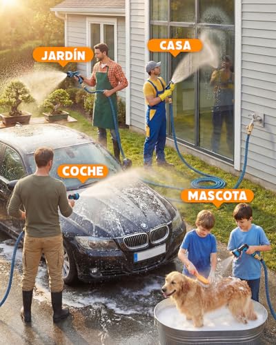 Evviee Manguera Jardin Extensible, Manguera Extensible 30 Metros con 10 Boquillas de Patrón de Pulverización Conector de Latón Tela 3750D Manguera, Adaptadores de 1/2" y 3/4" para Jardinería