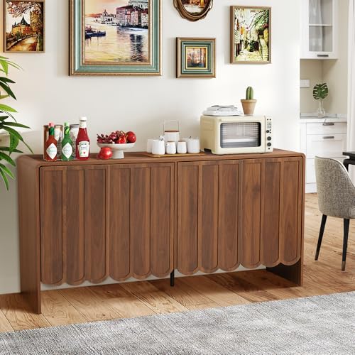 Sideboard Buffet Cabinet, Accent Storage Cabinets with 4 Doors, Farmhouse Wood Cabinet with Adjustable Shelves and Wave Panel for Living Room, Dining Room, Entry - Walnut
