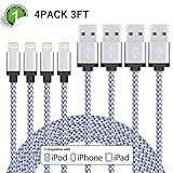 Xcords iPhone Cable 4Pack 3FT Nylon Braided 8Pin Lightning to USB Charger with Aluminum Connector, Compatible with iPhone 7/7 Plus/6/6s/6 Plus/6s Plus/5C/5S/5/SE, iPad /iPod & More(White)
