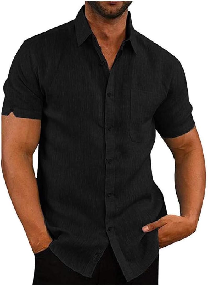 CRYYU Camisa masculina de manga curta de linho com botão frontal e bolso, Preto, Large Amazon CRYYU Camisa masculina de manga curta de linho com botão frontal e bolso, Preto, Large Amazon