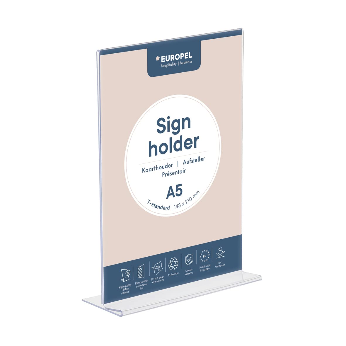 EUROPEL Sign Holder (T-Standard, A5 Size, Portrait) – Clear Acrylic Construction – Double Sided Poster, Menu & Leaflet Display Holder with Acrylic Base – Free Standing Design