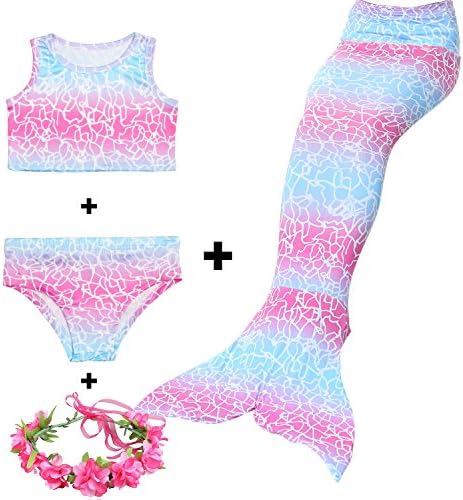 Fansino Girl's 4PCS(One Garland for Free)Princess Tail Mermaid Swimsuit Bikini Set /Bathing Suit /Cosplay Costume (No monofin) (Support Monofin)