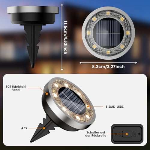 Solar Ground Lights for Garden/Walkway/Lawn/Driveway - Pack of 8 - Warm White