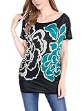 Allegra K Women Short Batwing Sleeve Flower Pattern Tunic Shirt L Turquoise
