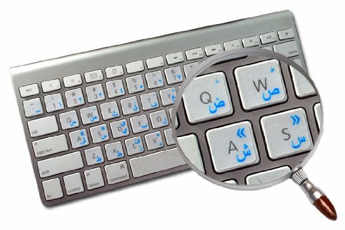 ARABIC APPLE KEYBOARD LABELS LAYOUT WITH BLUE, BLACK, ORANGE, RED OR WHITE LETTERING ON TRANSPARENT BACKGROUND FOR DESKTOP, LAPTOP AND NOTEBOOK (Blue)