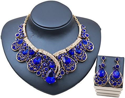 LAN PALACE valentines day trendy bridal crystal jewelry set engagement necklace and earrings (Royal Blue)