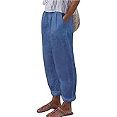 ZOCANIA Cotton Linen Pants for Women Floral Printed Beach Pants Elastic Waist Cropped Trousers Boho Pants with Pockets