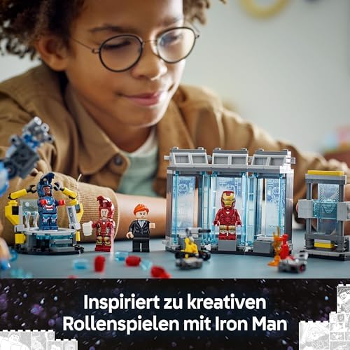 | Marvel Iron Mans Labor: Halle der Rüstungen - Superhelden Spielzeug mit Einer Mech Figur, 5 Minifiguren inkl. Aldrich Killian - Avengers Geschenk für Jungen und Mädchen ab 8 Jahren 76315