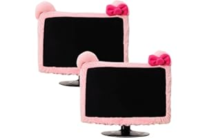 2 Pcs Computer Monitor Cover with Cat Ear Furry Pink Kawaii Elastic Monitor Dust Cover Dustproof Cover for PC TV Laptop LCD S