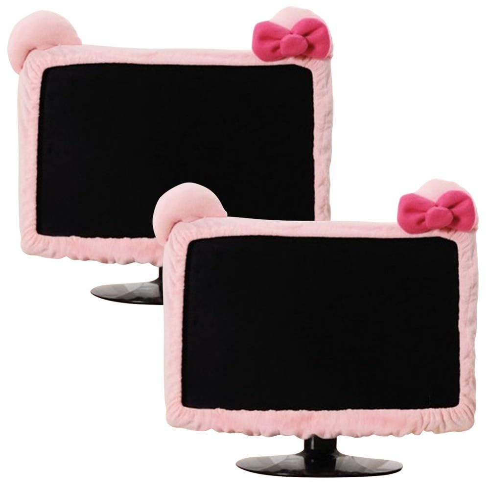 Photo 1 of 2 Pcs Kawaii Elastic Monitor Dust Cover - Cat Ear Furry Pink, Dustproof for PC, TV, Laptop (17 - 24 Inch)