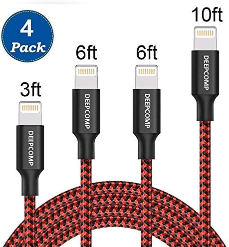 Lightning Cable,Deepcomp Charger Cables 4Pack 3FT 6FT 6FT 10FT to USB Syncing and Charging Cable Data Nylon Braided Cord Charger for iPhone X, iPhone 8/8 Plus/7/7 Plus/6s/6s Plus/6/6 Plus(Black&amp;Red)