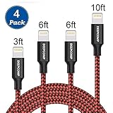 Lightning Cable,Deepcomp Charger Cables 4Pack 3FT 6FT 6FT 10FT to USB Syncing and Charging Cable Data Nylon Braided Cord Charger for iPhone X, iPhone 8/8 Plus/7/7 Plus/6s/6s Plus/6/6 Plus(Black&Red)