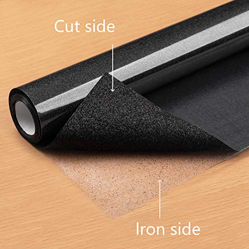 Glitter HTV vinyl - 12" x 5ft PU Heat Transfer Vinyl roll, Iron On Vinyl for Cricut & Silhouette Cameo Easy to Cut & Weed, Durable, Vibrant Color Design for T-Shirt and Other Textiles (Black)