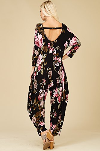 Annabelle Women's Plus Size 3/4 Sleeve Comfy Harem Pocket Jumpsuit Rompers Pretty Pink and Green Floral Print X-Large J8047B