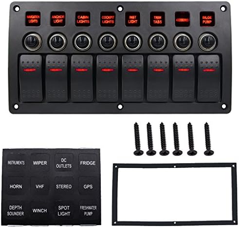Goodqueen 8 Gang Red LED Waterproof Rocker Panel Switch w/Lens For Marine Boat 12-24V