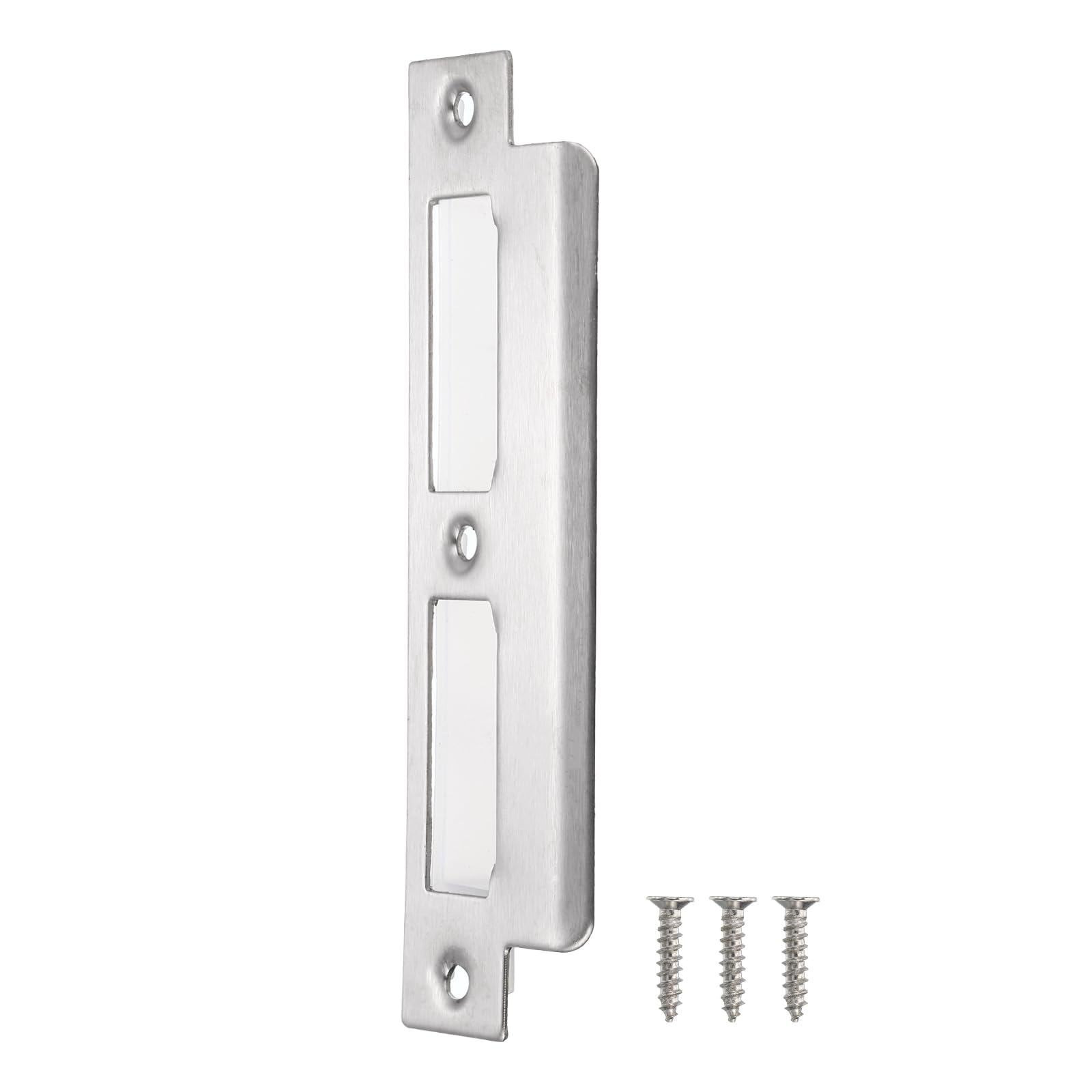 Photo 1 of uxcell Door Strike Plate, 155mm x 35mm 201 Stainless Steel Latch Deadbolt Strike Plate for Door Frame Door Jamb, Silver