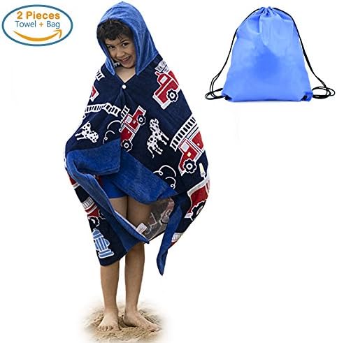 Kids Hooded Beach Bath Towel and Bag Set for Boys Fire Fighting Truck Pattern 4-14 Years