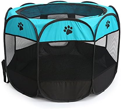 HENREK Pet Dog Cat Playpen Cage Crate - Portable Folding Exercise Kennel - Indoor & Outdoor Use (L (35"Dia x 24"H), Bluish Green)