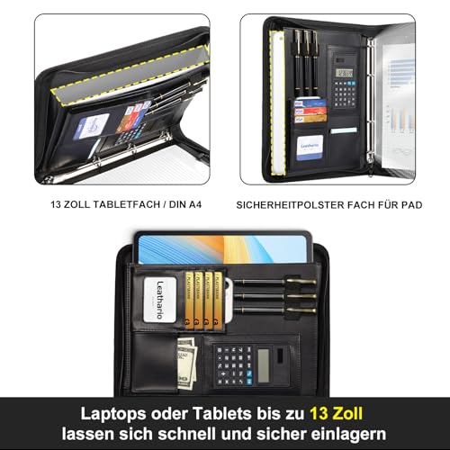 Leathario A4 Conference Folder, Writing Case with Ring Binder, Zip, Ring Binder Portfolio, Document Folder, Writing Pad, Black