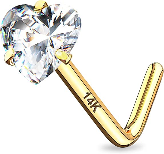 CM Crareesi Mania Nose Stud 14K Real Solid Yellow Gold Nose Studs 20Gauge Prong Set Cubic Zircoia S Bend Nose Piercing Jewellery