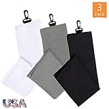 FINGER TEN Golf Towels for Golf Bags with Clip Tri-fold 24''X16'' Value 3 Pack, Waffle Towel for Men Women Cleaning, Hook and Loop in Color Black White Grey