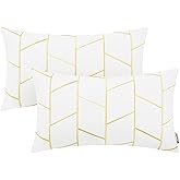 BRAWARM Faux Leather Pillow Covers 12 X 20 Inches, White and Gold Leather Lumbar Pillow Covers Pack of 2, Geometric Embroidery Leather Decorative Throw Pillows for Living Room Couch Bed Sofa Home