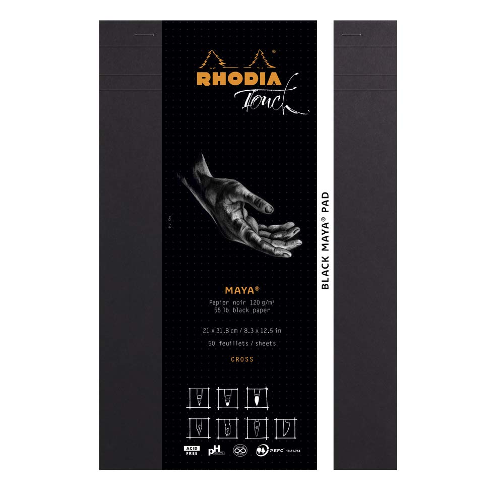 RHODIA TOUCH 116113C - Block Black Maya Pad A4+ New Ruler Cross - 50 Sheets - Clairefontaine Maya Black Paper 120 g/m - for Calligraphy and Precise Drawing with Pencil, Liner, Pen