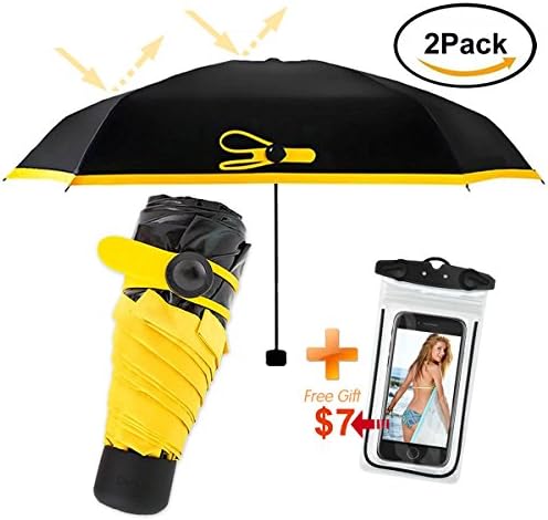 DaKoza Ultra Mini Umbrella UV Protection 97% for Men and Women, Travel Mini Umbrella Ultra Light for Rain &amp; Sun, Black Yellow Mixed Color, Bonus Phone Waterproof Pouch By