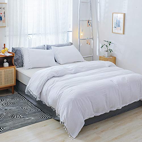 Smoofy White Duvet Cover, 3 Pieces Boho Style Microfiber Tasseled Bedding Sets with Zipper Closure(White, Queen)