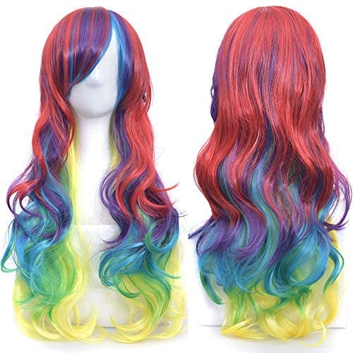 IMISSU 26'' Long Natural Hair Wigs Cosplay Wig with Bangs Colorful Halloween Costume Party Wigs for Women (Red Green Yellow)