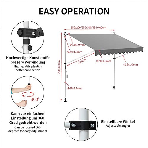Melko Klemmmarkise 250cm Balkomarkise ohne Bohren Sonnenschutz Grau Terrassenüberdachung Sonnenmarkise Markise – Bild 8