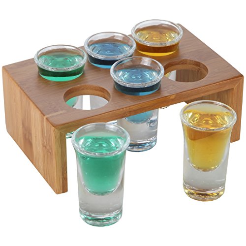 Lily's Home Bamboo Shot Glass Holder Set with 6 Crystal Clear Shot