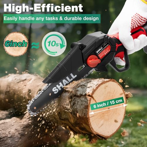 SHALL Portable Mini Chainsaw.Brushless Motor.2 x Quick Charge Batteries, 4 x Cutting Chains, 6" Cordless Mini Chainsaw Kit