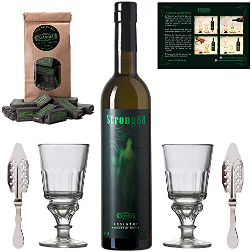 Absinth Set Strong68 | Original Absinth mit Wermut/Thujon | 2x Absinth Gläser / 2x Absinth Löffel / 1x Absinth…
