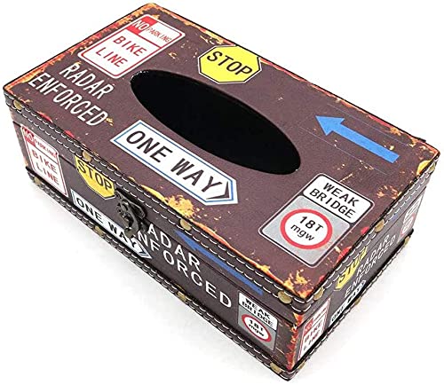 POFET Vintage Chic Shabby Wooden Tissue Box Holder Rectangle Handcraft Tissue Paper Box Cover Napkin Organizer Holder Home Storage Room Office Car Decoration with Metal Lock - Road sign