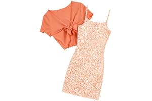 OYOANGLE Girl's 2 Piece Outfits Floral Print Sleeveless Cute Cami Dresses and Short Sleeve Lettuce Trim Tie Front Top Sets