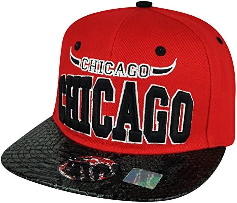 Chi Town City Chicago Faux Snake Skin Red Black Flat Bill Snapback Hat Cap Bull