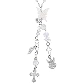 Angel Cross Rear View Mirror Charm - Crystal Angel Wing Pendant Hanging Chain, Religious Cross Car Suncatcher Ornament, Spiritual Car Interior Decor Gift for Women
