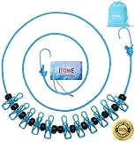 ITOWE Travel Elastic Clothesline Camping Clothes Lines Adjustable Clothes Rope with 12pcs Clothespins Portable Clothesline with Clips for Outdoor Wind-Proof Clothesline Indoor Clothes Lines Blue
