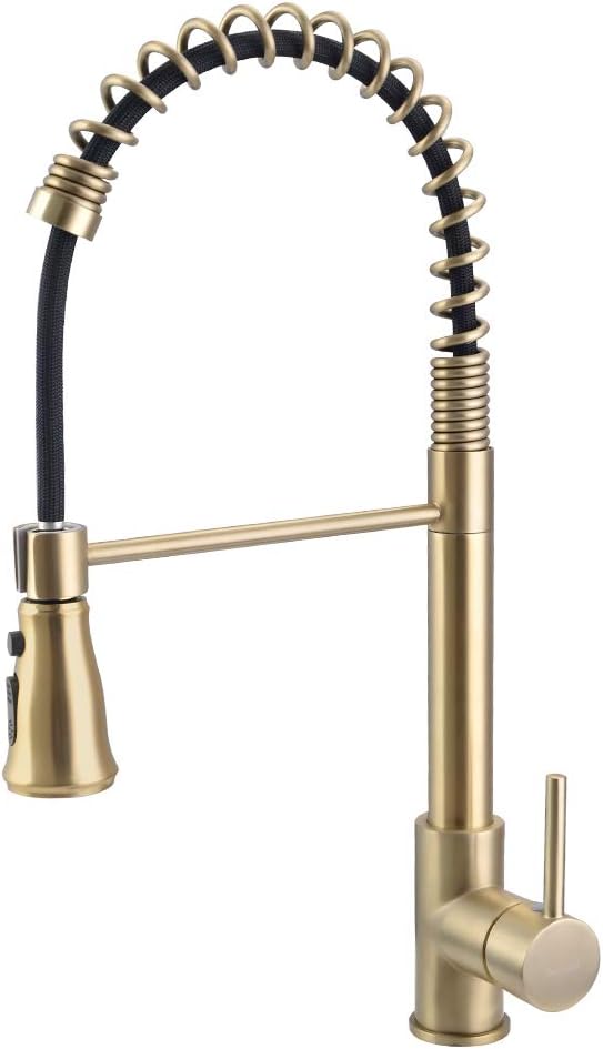 SHAMANDA Brass Kitchen Faucet High Arc Spring Kitchen Sink Faucet with Sprayer Single Handle Hole Pull Down Bar Sink Faucet Brushed Gold, L60001-3 - - 