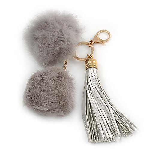 Ivy Grey Faux Fur Pom-Pom and Light Metallic Silver Faux Leather Tassel Gold Tone Key Ring/ Bag Charm - 21cm L
