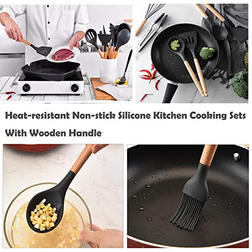 42 PCS Kitchen Utensil Sets Heat Resistant Silicone Cooking Utensil Sets with Holder Premium BPA Free Kitchen Utensils Dark Grey Wooden Handles Kitchen Gadgets Tools Sets for Non-stick Cookware