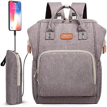Baby Nappy Changing Bag Backpack 26L with USB Charging Port, Waterproof Diaper Bag Backpack with Bottle Insulated Pocket for Mom/Dad, Multifunction Travel Backpack Bag with Stroller Straps (grey)