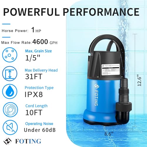 FOTING Sump Pump 1 HP 4600 GPH Clean/Dirty Submersible Water Pump, Thermoplastic Portable Utility Pump for Swimming Pool Garden Pond Basement Window Wells with 10FT Long Power Cord, Blue