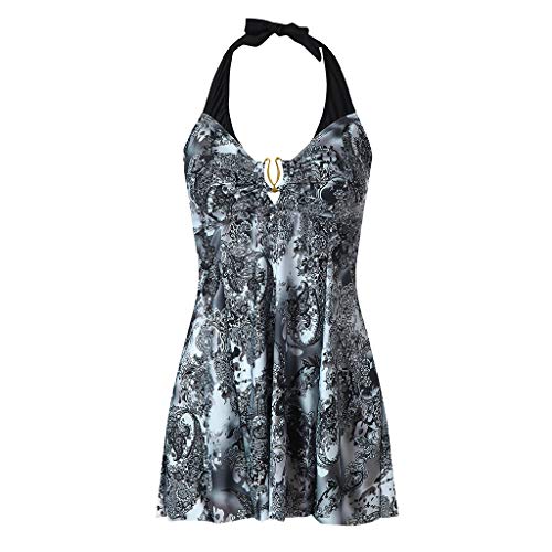Duseedik Women's Halter Plus Size Swimwear National Print Tankini Swimjupmsuit Plus Size Swimsuit Beachwear Padded Gray - Thumbnail 4