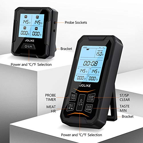 JOLIKE Wireless Meat Thermometer Oven Thermometer 328ft Remote Timer & 4 Probes for Smoker Grill Digital Meat Cooking Jam BBQ Kitchen Grilling, Free Waterproof Cloth Bag