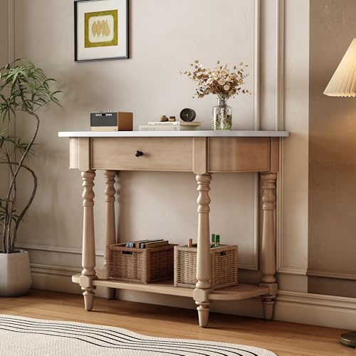 Merax Retro Narrow Console Table, Corner Curved Sideboard Buffet with Top Drawe…
